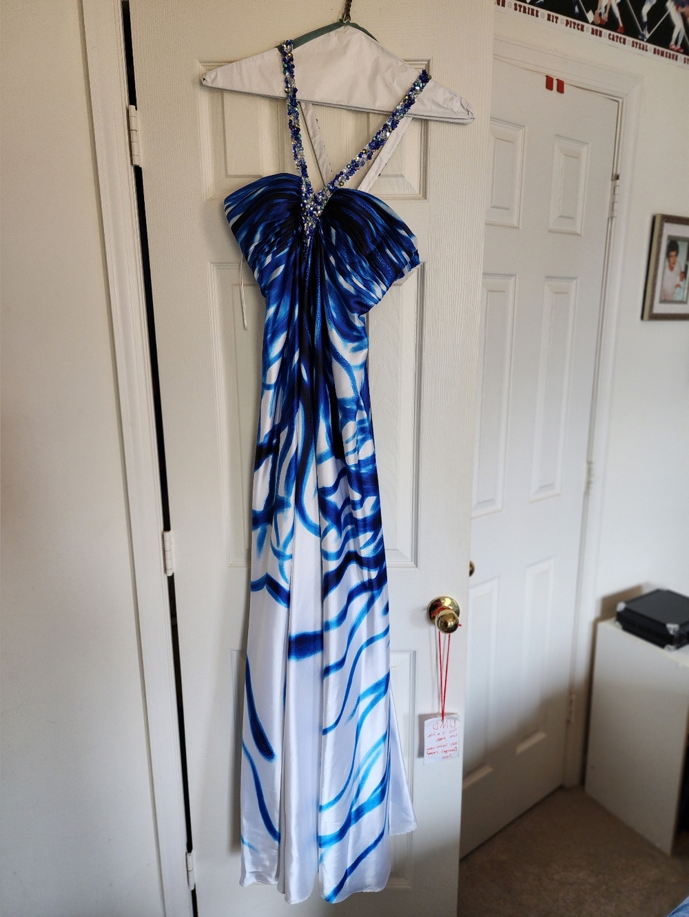 Cache Blue and White Beaded Halter Prom Dress
